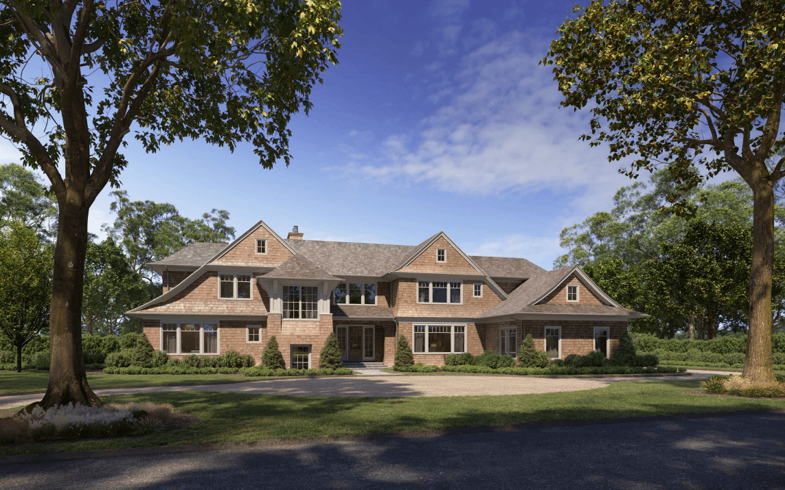 Large brick house with trees and sky.