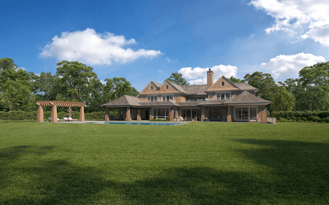 Large house with pool and green lawn.